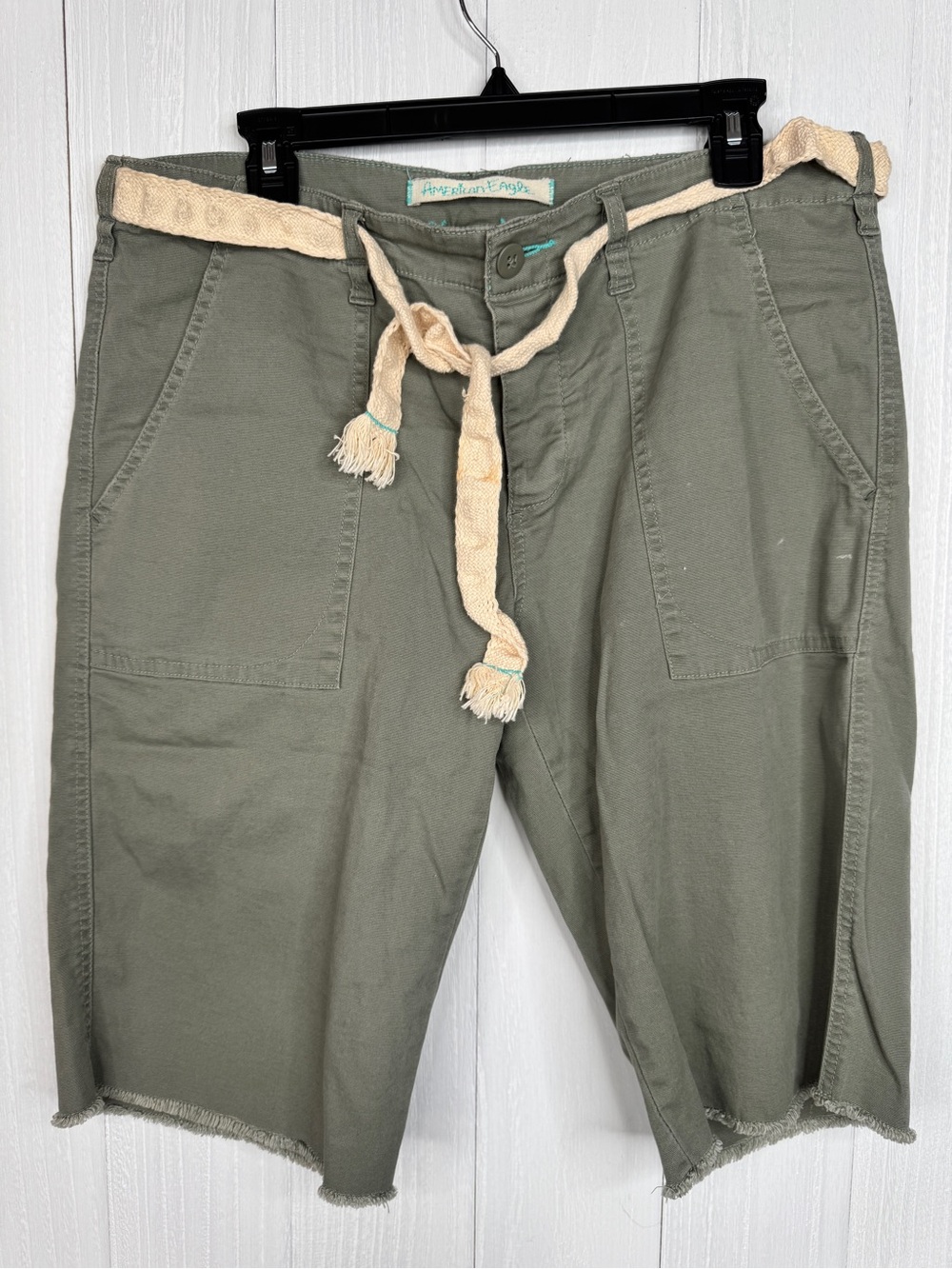 American Eagle Y2K Olive Green Utility Shorts Frayed Raw Hem Drawstring 12